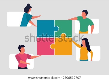 Working together as a team and people collaborating to solve problems. Colleagues and joint project success. People put the pieces of the puzzle together. illustration concept