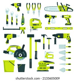 Working tools, construction and repair equipment, building instruments. Hammer, wrench, pliers, home renovation carpenter tool  set. Home remodeling, carpentry elements isolated on white - Powered by Shutterstock