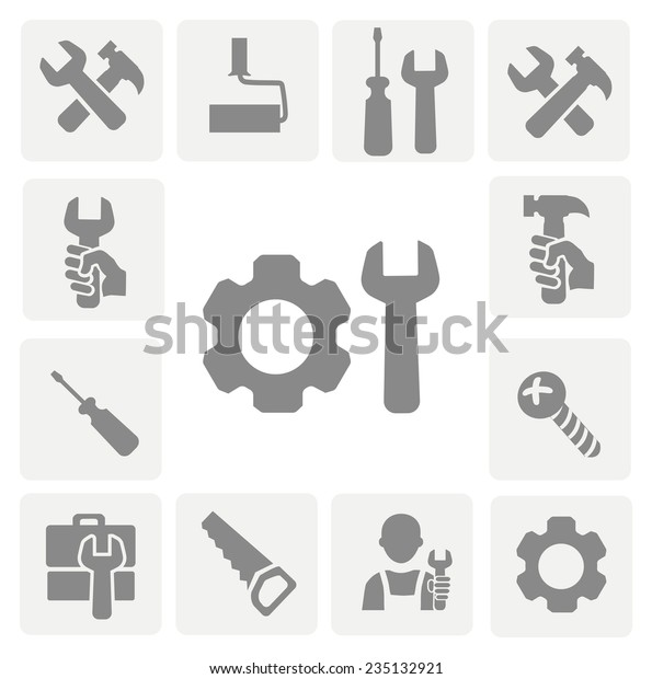 working tools isolated icons set of hammer wrench\
screwdriver and measuring\
tape