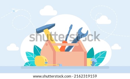 Workman's toolkit. Toolbox with instruments inside. Tool chest with hand tools. Workbox in flat style. Set building tools repair. Hammer, screwdriver, tape measure. Business illustration