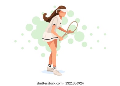 Workout playing tennis. Set, sportswoman uniform. Shot, match pose competition. Rings medal. Games international sports apparel. Ball hit collection. Woman and racket. Athlete character flat - Powered by Shutterstock