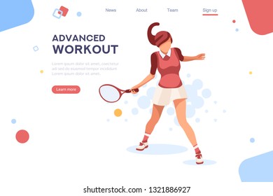 Workout playing tennis. Set, sportswoman uniform. Shot, match pose competition. Rings medal. Games international sports apparel. Ball hit collection. Woman and racket. Athlete character flat - Powered by Shutterstock