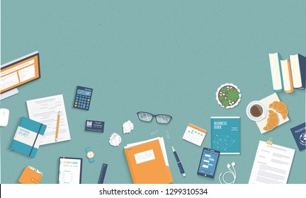 Workplace background. Top view of a table with monitor, books, documents, folder, notepad, calculator, calendar, passport, business card, coffee, headphones. Raster illustration