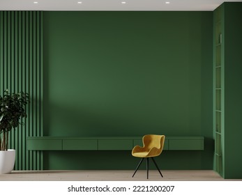 Workplace In Bright Green Color. Emerald Walls And Furniture - Accent Yellow Mustard Chairs. Long Work Surface. Large Home Office Or Coworking Center. Modern Design Room For Art. 3d Render. 