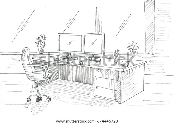 Workplace Computer Desk Office Chair Two Stock Illustration 674446720