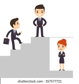 Workplace Discrimination Issues Illustration. Cartoon Business Men Climbing Corporate Ladder With Woman Under Glass Ceiling. 