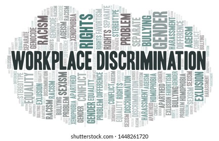 Workplace Discrimination - type of discrimination - word cloud. Wordcloud made with text only.