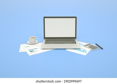 Workplace With Financial Charts, Laptop And Calculator. 3d Rendering