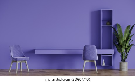 Workplace in lavender color. Very peri walls and furniture - chairs and a table with shelving. Long work surface Large home office or coworking center. 3d render.