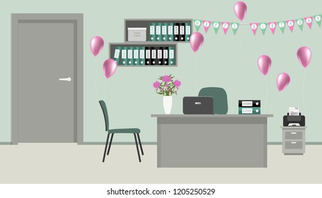 Workplace Of An Office Worker, Decorated For His Birthday. There Is A Desk, A Printer, Green Chairs, Bookshelves In The Image. There Are Also Pink Balloons, Flags 