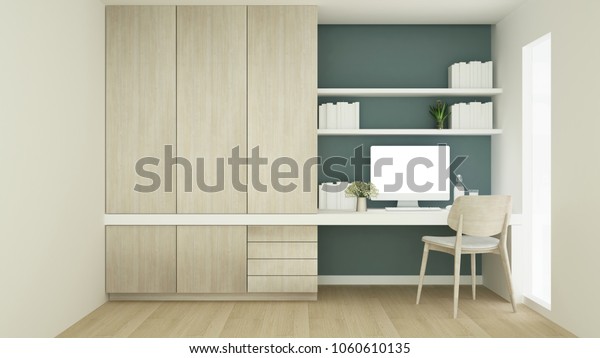 Arbeitsplatz Auf Grunem Wanddesign Und Kleiderschrank