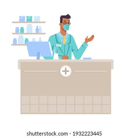 Workplace Of Pharmacist Wearing Protective Facial Mask Standing By Counter. Cashier Selling Medicine And Medical Products At Drug Store. Interior With Computer And Shelves. Cartoon Character,