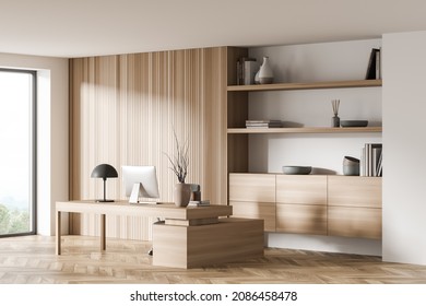 Workplace room interior with wooden furniture, computer pc and books on shelf, parquet floor. Working space with desk in apartment, 3D rendering