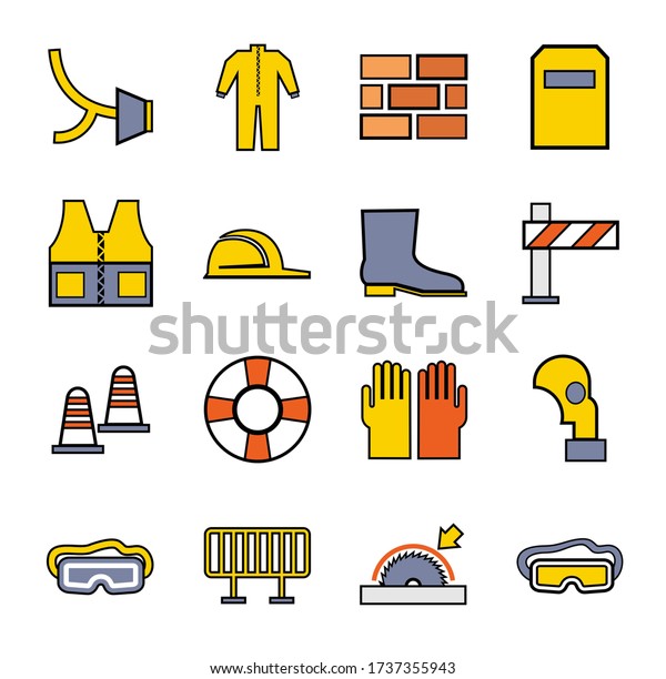 Workplace safety, icons, set, color. Remedies.\
Colored icons with a black outline. \
