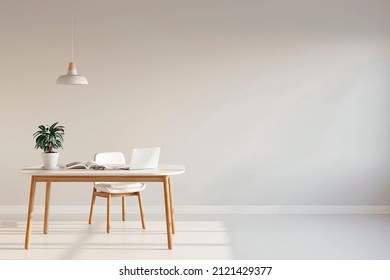 Workplace In Style Of Minimalism In Loose Colors Illuminated By A Beautiful Light From The Window. Cleanliness And Order In The Workplace. Interior Of A Spacious Office With Copy Space. 3d Render