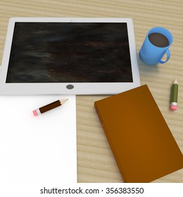 Workplace with Tablet PC, Book and cup of coffee