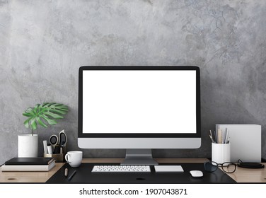 Workplace.Desktop isolated blank screen with plant.3d rendering