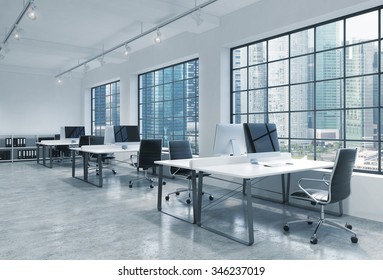 Workplaces In A Bright Modern Loft Open Space Office. Tables Are Equipped With Modern Computers; Book Shelves. Singapore Panoramic View. A Concept Of A High Quality Consulting Services. 3D Rendering.