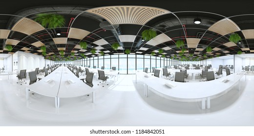 Workplaces In A Modern Panoramic Office,Panorama Of Office With Sea View Outdoor,Full 360 Spherical Panorama View Of Office (3D Rendering)