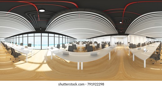 Workplaces In A Modern Panoramic Office,Panorama Of Office With Sea View Outdoor,Full 360 Spherical Panorama View Of Office (3D Rendering),office Concept