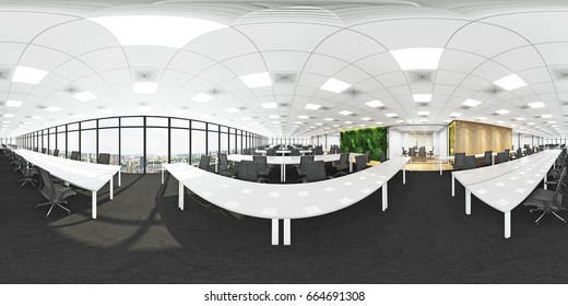 Workplaces in a modern panoramic office,Panorama of office,Full 360 spherical panorama view of office (3D Rendering)