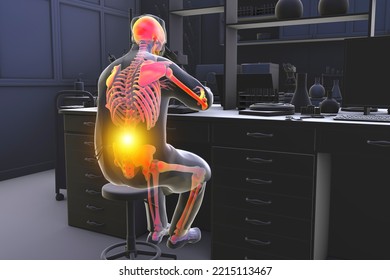 Work-related Musculoskeletal Disorders In Laboratory Workers, Conceptual 3D Illustration Showing A Lab Specialist With Highlighted Skeleton Working With Microscope Having Back Pain