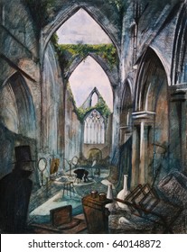 Workshop in abandoned church, hand drawn watercolor illustration
