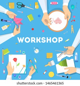 Workshop concept. Idea of education and creativity. Creative skill improvement and art lessons. Isolated  illustration in cartoon style