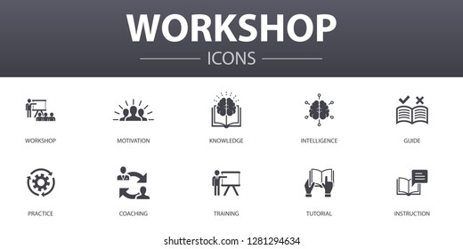 Workshop Simple Concept Icons Set. Contains Such Icons As Motivation, Knowledge, Intelligence, Practice And More, Can Be Used For Web, Logo, UI/UX