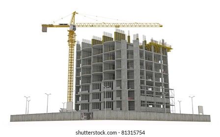 Worksite: Unfinished Building And Tower Crane Isolated Over White Background