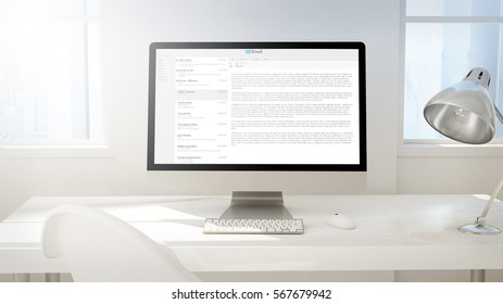 Workspace Background With Desktop Computer Mail Client On Screen. 3d Rendering.