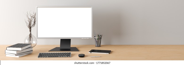 Workspace with blank computer monitor white screen mockup on the wooden desk near white wall. 3d illustration