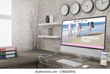 Workspace at home with a desktop computer 3d rendering mockup.3d illustration. Retirement concept