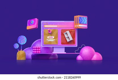 Workspace Illustration, Purple Background With Clouds, Plants, Computer Online Marketing In A Table, Still Life, 3d Render, Bubble Candle, Ux Design