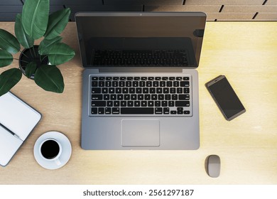 Workspace with laptop, smartphone, coffee, notebook, potted plant on a wooden desk, minimalist interior, concept of modern workplace. 3D Rendering.