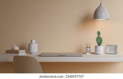 Workspace notebook computer, minimal bright classic interior. 3d render illustration mock up..