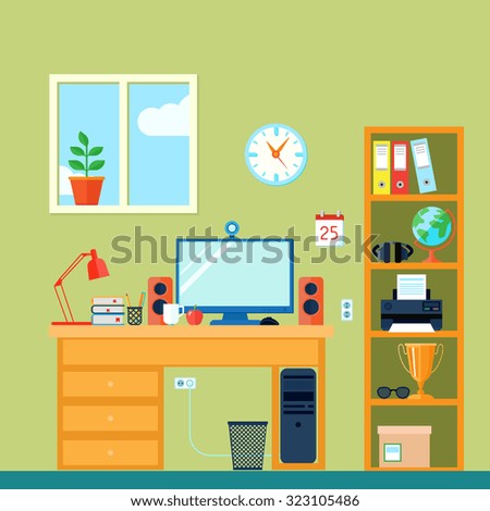 Workspace in room with computer on desk and bookshelf flat  illustration