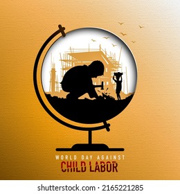 World Anti-Child Labor Day. The child is working with a hammer. The bricks are broken. Construction Silhouette Building. Paper cutout design on yellow background. Earth globe sphere isolated view.