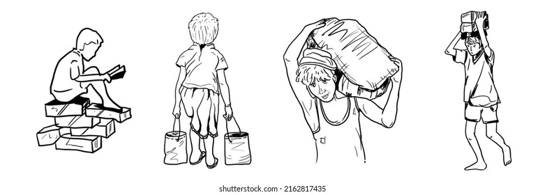 World Anti-Child Labor Day. Line Drawing Art, Sketches With Digital Illustrations, Posters, And Banner Designs. Anti-child Labor Day. Children's Hard Work. June 12. White Isolated Background. 