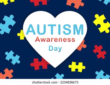 World Autism Awareness Day. White heart with text and colorful puzzle pieces on dark blue background - Powered by Shutterstock