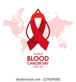 World Blood Cancer Day Poster With Red Cancer Awareness Ribbon Illustration. Red Awareness Ribbon, Blood Drop And World Map Silhouette Icon. May 28. Important Day