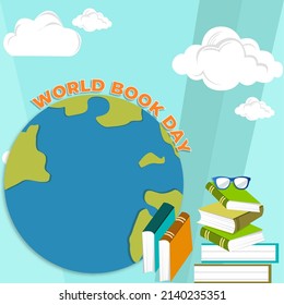 World book day concept, stack of colorful books and globes standing on table. Made in flat style on blue background surrounded by clouds.