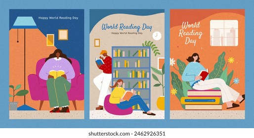 World Book Day posters with people reading books isolated on light blue background. - Powered by Shutterstock