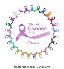 World cancer day, February 4 announcement among multi-color and lavender purple ribbons for raising awareness of all kind tumors  - Powered by Shutterstock