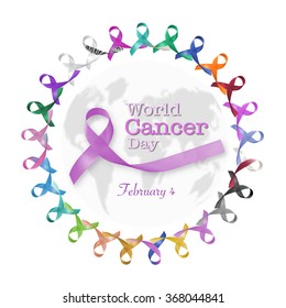 World cancer day, February 4 announcement among multi-color and lavender purple ribbons for raising awareness of all kind tumors  - Powered by Shutterstock