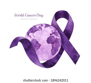 World Cancer Day. Lilac ribbon with a globe. Planet Earth.  Watercolor hand drawn illustration.