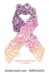 World Cancer Day Ribbon Flower Design Holding Hands Drawing