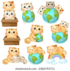 World cat day, cute cats watercolor painting - Powered by Shutterstock