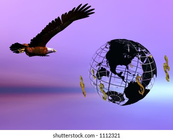 World with circulating dollars,eagle symbol of america flying. Pride, financial concept, copy space.