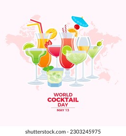 World Cocktail Day illustration. Different types of alcoholic drinks icon set. Colorful cocktails and world map design element. Alcoholic mixed drink illustration. Important day - Powered by Shutterstock